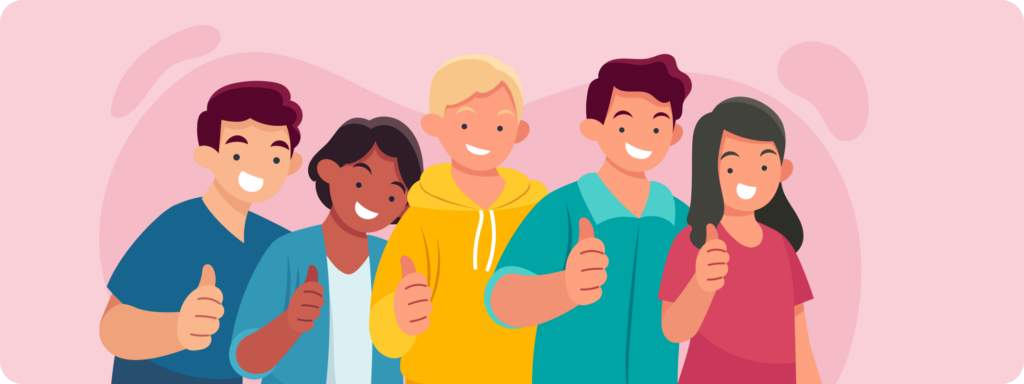 drawing of group of people with thumbs up.